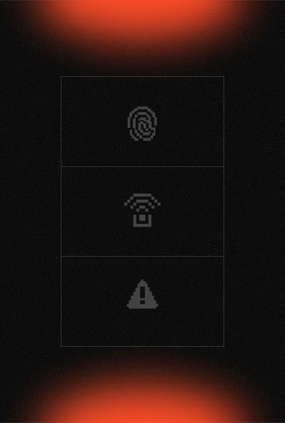 Three pixelated icons arranged vertically on a dark background with red glowing edges: fingerprint at top, phone receiver with signal waves in the middle, and a warning triangle at the bottom.