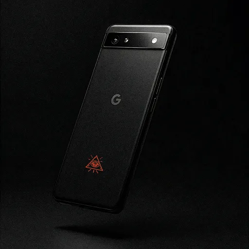 Black Google smartphone with a camera bar at the top and a red triangular symbol on the back.