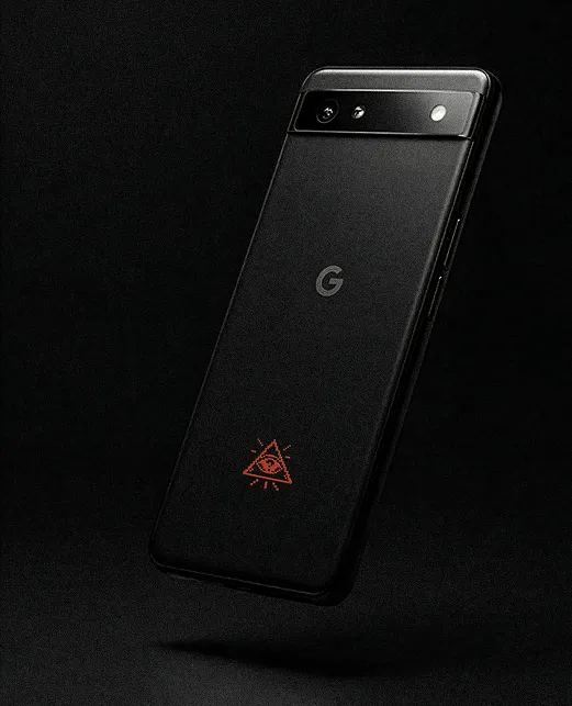 Black Google Pixel smartphone with dual rear cameras and a glowing red triangular symbol near the bottom.