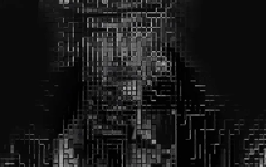 Portrait of Uncle Sam formed by numerous small reflective black and gray squares creating a pixelated mosaic effect.